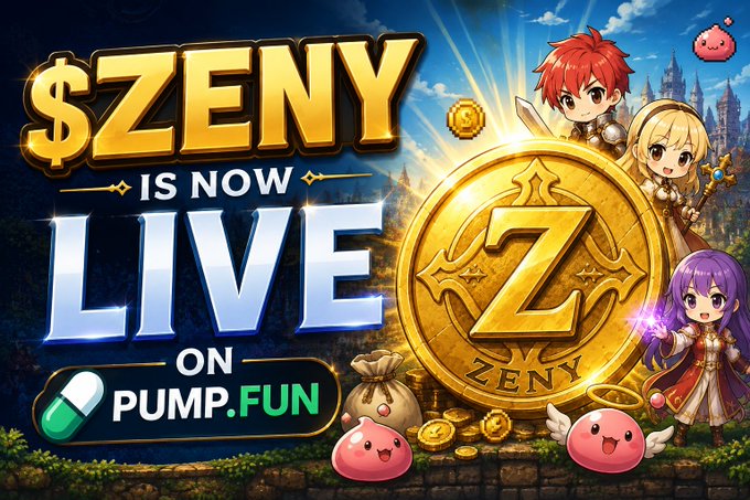 The image is a vibrant promotional graphic announcing that "$ZENY" is now "LIVE on PUMP.FUN," featuring chibi-style characters and a large gold "Z" coin, directly supporting the post's announcement of the token's launch and detailing its burn-and-backed supply economics.