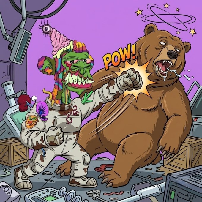 A mutant, space-suited creature delivers a "POW!" punch to a dazed brown bear, visually embodying the post's message to fight bearish sentiment. The comic-book style brawl symbolizes bullish strength overpowering bearish market fears in a quirky GM greeting to crypto frens.