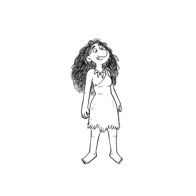 A black-and-white sketch of a smiling girl with wild, curly hair wearing a simple, sleeveless dress.