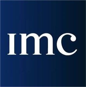 The image features a dark blue background displaying the lowercase white letters "imc," which is the logo of IMC, the proprietary trading firm and market maker mentioned in the post regarding its massive XRP ETF holdings.