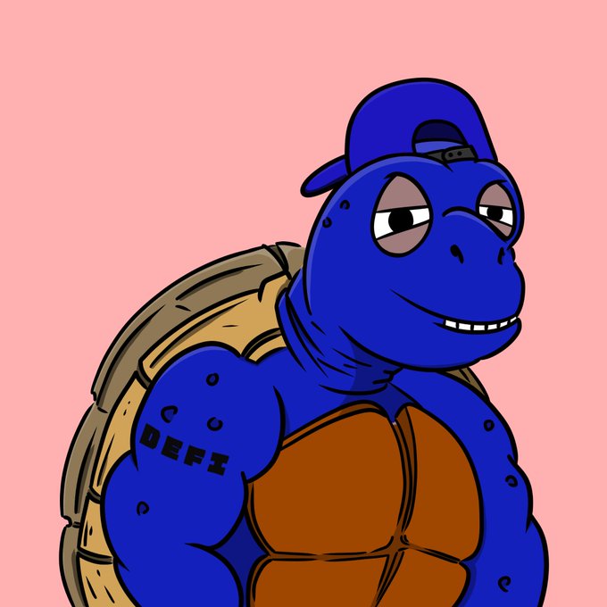 A cartoon parody of the Teenage Mutant Ninja Turtles featuring a blue turtle character wearing a baseball cap backwards, with 'DEFI' tattooed on his arm.