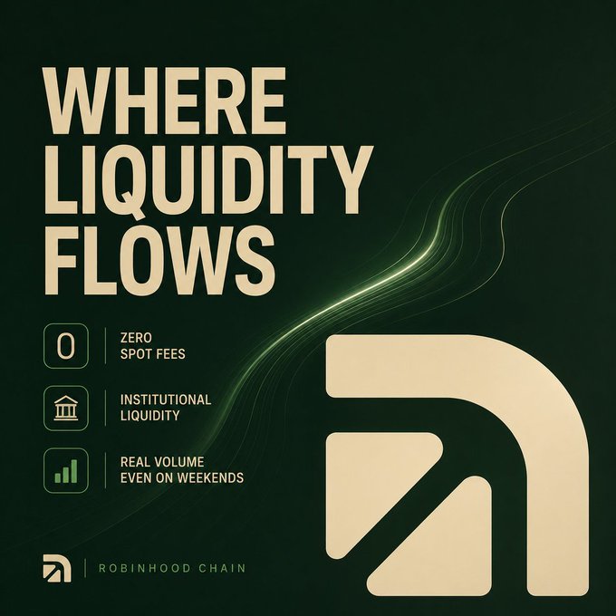 A Robinhood Chain advertisement with the headline 'WHERE LIQUIDITY FLOWS' highlights 'ZERO SPOT FEES', 'INSTITUTIONAL LIQUIDITY', and 'REAL VOLUME EVEN ON WEEKENDS' against a dark green background.