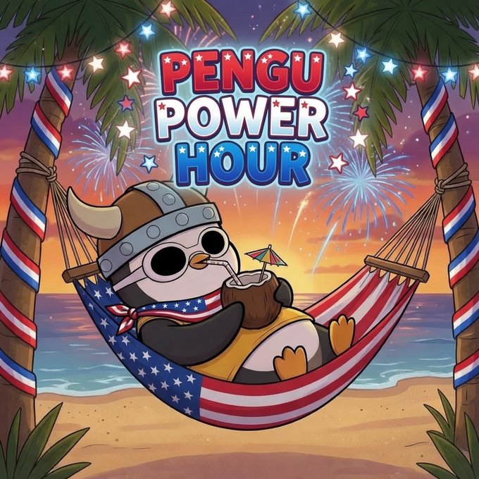 A promotional graphic titled 'PENGU POWER HOUR' featuring a cartoon penguin wearing a Viking helmet and American flag scarf, relaxing in a hammock between palm trees on a beach with fireworks in the background.
