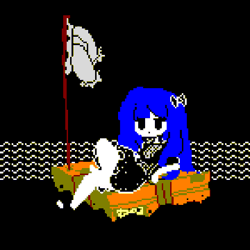 The image features a girl with blue hair sitting on top of an orange suitcase, which appears to be floating in front of her. The suitcase has a white flag attached to it, adding a unique touch to the scene. The background consists of black and white stripes, creating a striking contrast against the girl's vibrant blue hair and the colorful suitcase.