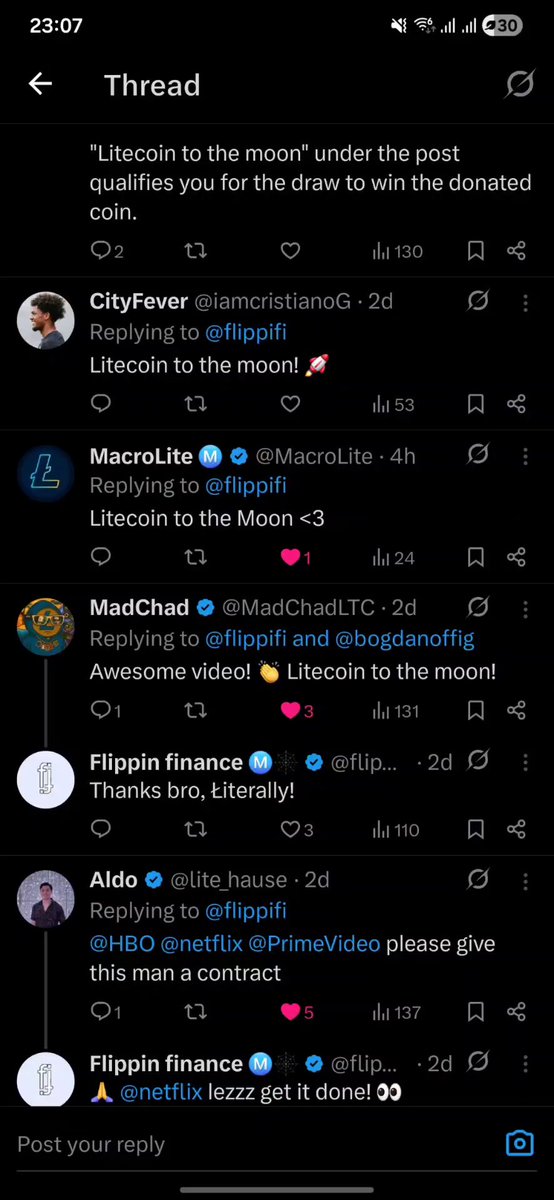 The image shows a social media post that congratulates a user named @iamcristianoG for winning the Litecoin from the moon. The post includes a screenshot of the Twitter feed, which displays multiple mentions of @iamcristianoG and other users. The text in the post encourages the user to share their LTC Mweb wallet address with the DM so that they can receive more Litecoin as a reward for winning the coin.