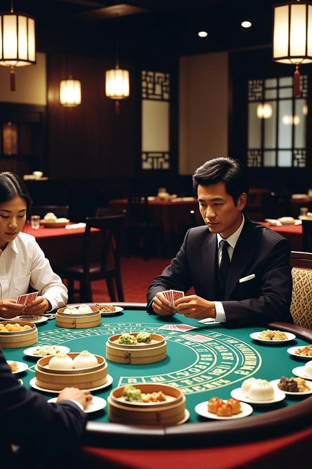 A man in a suit holds cards at a green baccarat table surrounded by bamboo steamers of dim sum, while a smiling server watches—visually bringing to life the absurd "You Dim Sum, You Lose Sum" casino pitch where high-stakes gambling meets Chinese cuisine.