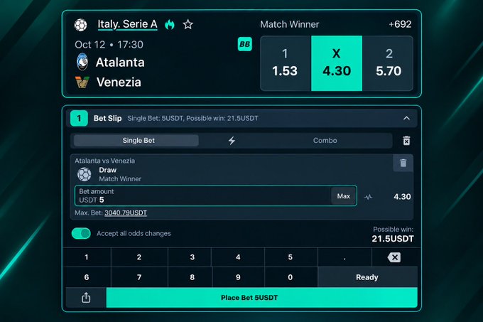A betting app screen showing an Italian Serie A match between Atalanta vs Venezia on Oct 12, 17:30, with a single bet placed on a Draw at odds of 4.30 for 5 USDT, yielding a possible win of 21.5 USDT.