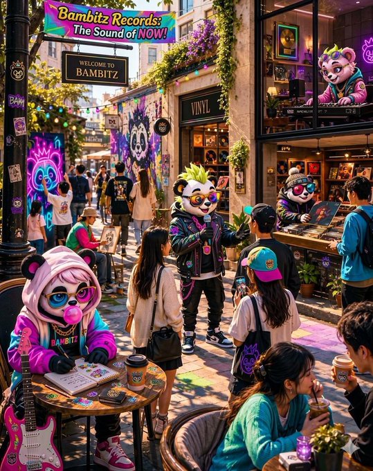 A vibrant street scene illustration featuring anthropomorphic panda characters at 'Bambitz Records' with neon signs reading 'Bambitz Records: The Sound of NOW!' and 'WELCOME TO BAMBITZ'.