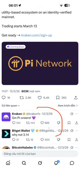 A screenshot of a social media thread on X shows discussions of Pi Network's listing on Kraken, with user @krakenfx celebrating "Gm Pi-owners!" and @BitgetWallet commenting "why not 3.14," followed by @BitcoinHabebe starting a reply ("Đăng câu trả lời của bạn") at 8:03K engagement, supporting its cautionary message about the Pi Network's failed attempt to reach the $3.14 price point after the March 13 Kraken listing.