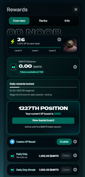 A mobile app screenshot showing a "Rewards" panel for a user named "00 NOOB". The user has 26 XP (Level 0), a SMNTD Balance of 0.00, and is ranked in the 1227th position with a 200% XP boost.