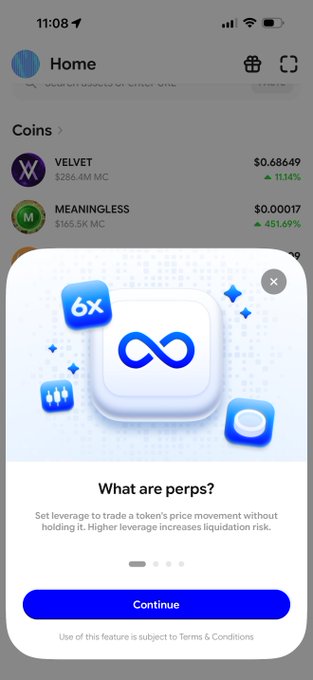 A mobile screenshot of the Base app displaying a popup explaining perpetual futures trading with "6X" leverage highlighted, alongside a Home tab showing coin listings for VELVET ($0.68649, +11.14%) and MEANINGLESS ($0.00017, +451.69%), visually confirming Base's integration of Hyperliquid perps as mentioned in the post.