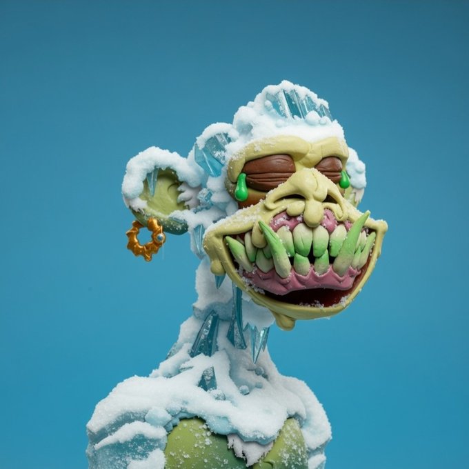 A sculpted figure of a grotesque, snow-covered monkey with sharp, jagged teeth and green drool is displayed against a solid blue background.