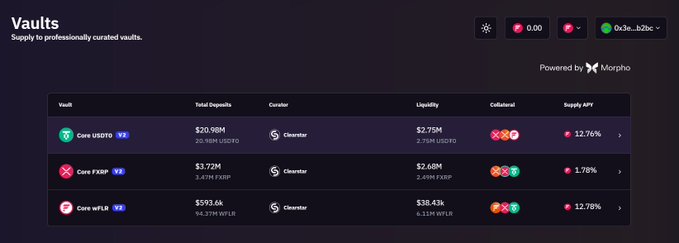 A dark-themed dashboard titled 'Vaults' powered by Morpho displaying DeFi vault data including 'core USDTG', 'Core FXRP', and 'Core wFLR' with their total deposits, liquidity, collateral, and supply APY percentages.