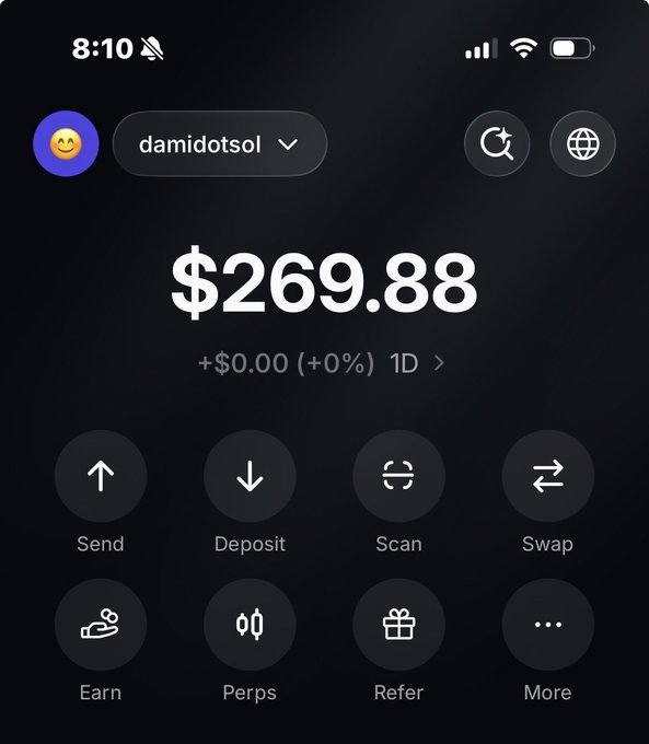 A cryptocurrency wallet app showing a balance of $269.88 for the user 'damidotsol,' with options for Send, Deposit, Scan, Swap, Earn, Perps, Refer, and More.