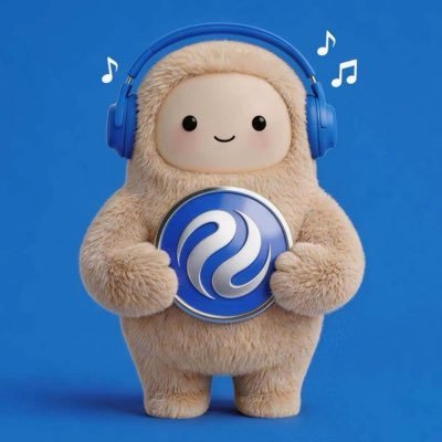 A fluffy white cartoon creature with a smiling face wearing blue headphones and holding a blue circular logo with a white wave design, set against a blue background with musical notes.