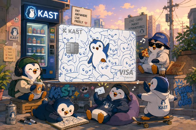 An anime-style illustration featuring penguins with the KAST brand, including a Visa Platinum card, a penguin eating pizza, another with a skateboard, and graffiti reading 'MY FUTURE IS OURS'.