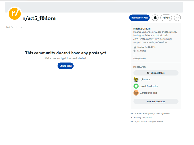 A screenshot of the r/act5_f04om subreddit page on Reddit, showing no posts, created by Binance Official with description 'Binance Exchange provides cryptocurrency trading for fintech and blockchain enthusiasts globally, with multilingual support over a variety of services.'