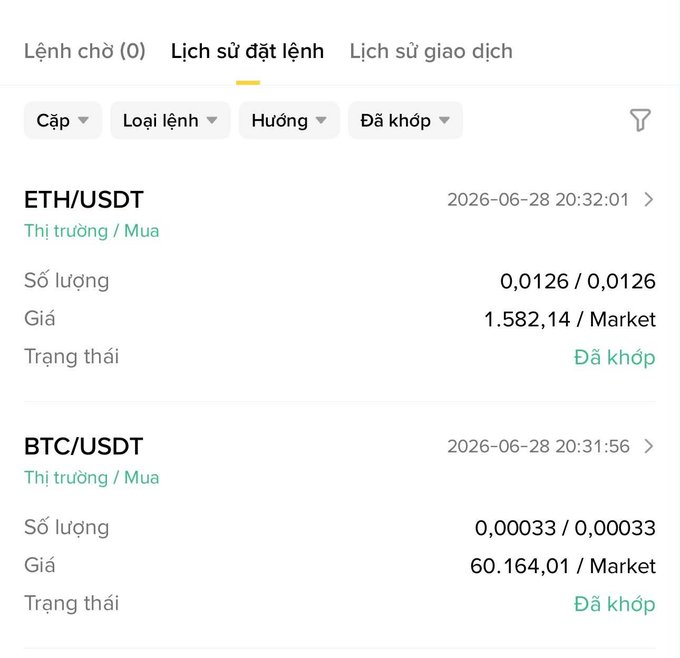 A trading history screenshot showing two completed market buy orders: ETH/USDT (0.0126 ETH at ~1,582.14) and BTC/USDT (0.00033 BTC at ~60,164.01), both dated 2026-06-28. This reflects the poster's commitment to daily DCA (Dollar-Cost Averaging) into Bitcoin and Ethereum over the weekend.