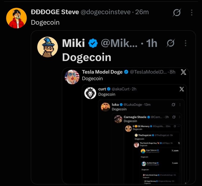 A Twitter/X post by DDDOGE Steve (@dogecoinsteve) showing a recursive chain of quoted tweets, all simply stating 'Dogecoin'.