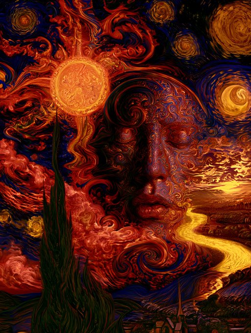 A vibrant, surreal digital painting in the style of Van Gogh's 'Starry Night,' featuring a face formed by swirling clouds and a fiery sun.