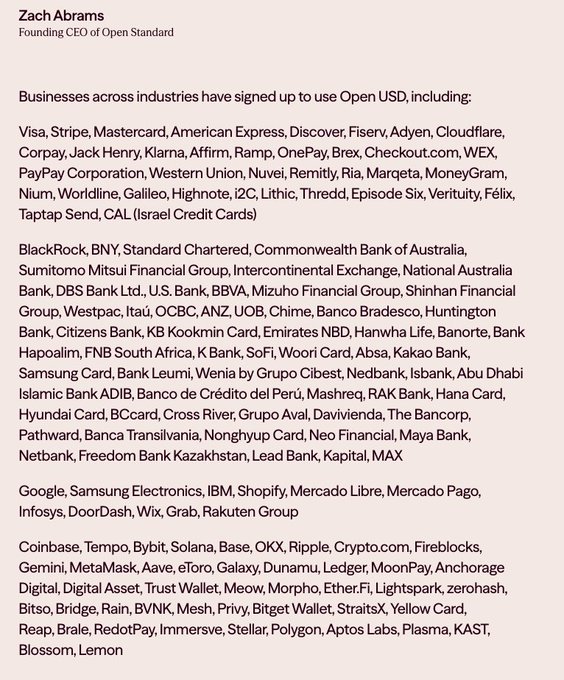 A LinkedIn-style post by Zach Abrams, Founding CEO of Open Standard, listing major businesses that have signed up to use Open USD including Visa, Stripe, Mastercard, Google, Coinbase, and many banks and tech companies.