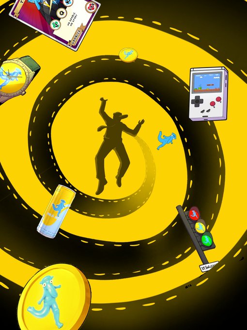 A yellow hypnotic spiral design features a cowboy silhouette in the center surrounded by various objects including a mahjong tile, Game Boy, compass, and energy drink cans.