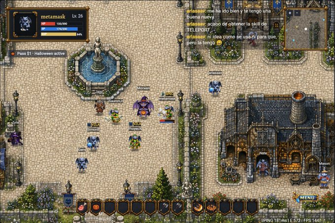 A screenshot from a 2D MMORPG video game showing character 'metamsk Lv. 26' in a town square with chat messages in Spanish visible in the top right.
