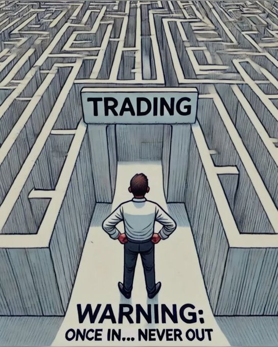 An illustration of a man standing at the entrance of a complex maze labeled 'TRADING' with the warning 'WARNING: ONCE IN... NEVER OUT' at his feet.