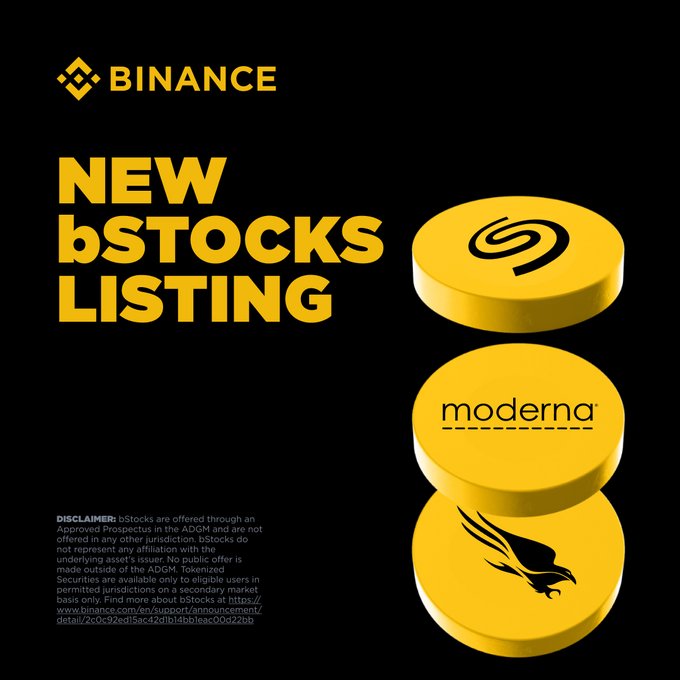 A Binance promotional graphic announcing new bStocks listings, featuring the company's yellow logo and stacked yellow tokens representing CrowdStrike, Moderna, and Inovalon against a black background, corresponding to the newly added trading pairs CRWDB/USDT, MRNAB/USDT, and SQQQB/USDT mentioned in the post.