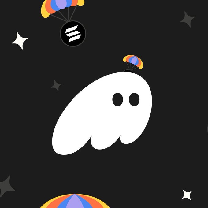 A cute white ghost floats through a starry dark sky with colorful parachutes—one attached to a black circular logo featuring the Solana (SOL) symbol, which ties directly to the post's request to drop SOL wallets.