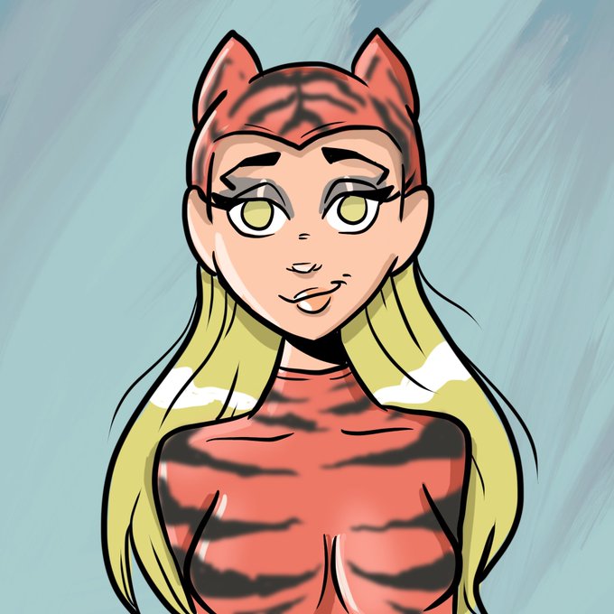 A digital illustration of a character with tiger-striped ears, headpiece, and shirt, featuring long blonde hair and large yellow eyes against a light blue background.