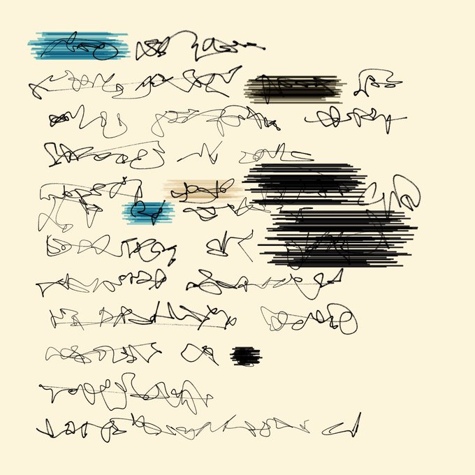 A page from "Letters to My Future Self" by Ryan Struhl (@keisans), featuring flowing, illegible cursive script interspersed with black redaction bars and accents of blue and tan, visually embodying the project's coded, time-capsule letters that obscure meaning to protect private emotions.