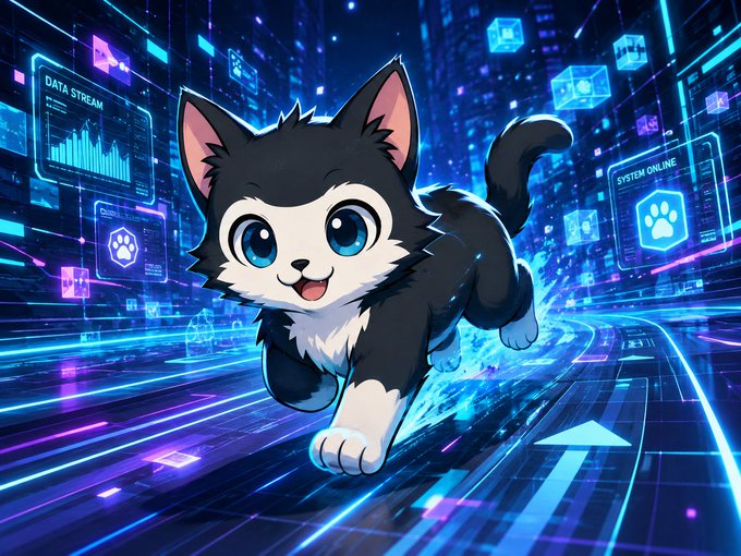 A cute animated black and white kitten with big blue eyes runs through a futuristic cyberpunk city filled with neon data streams and holographic interfaces labeled 'DATA STREAM' and 'SYSTEM ONLINE'.