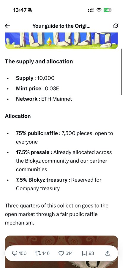 The image displays a guide for "Your guide to the Origi..." NFT collection, detailing supply and allocation details: a total supply of 10,000 NFTs at a mint price of 0.03 ETH on the ETH Mainnet, with 75% (7,500 pieces) allocated to a public raffle, 17.5% to a presale for the Blokyz community and partners, and 7.5% reserved for the Blokyz treasury. This visually reinforces the post's announcement of the Blokyz No. 24 public sale, confirming the 7,500-piece public allocation at 0.03 ETH on the mainnet.