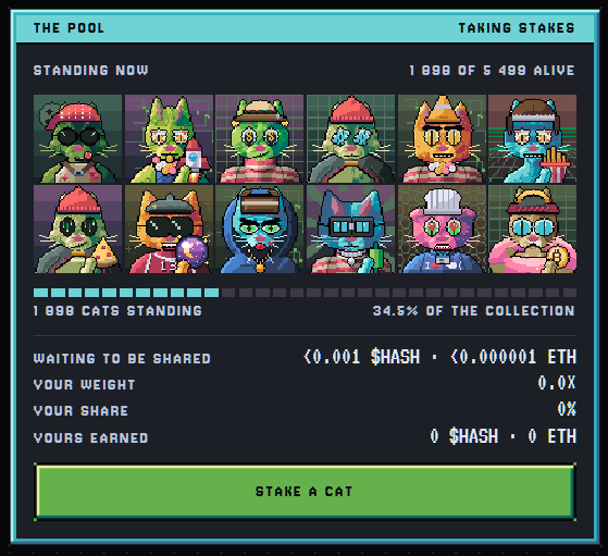 A pixel art NFT staking interface called 'THE POOL' showing 'TAKING STAKES,' with various cat character NFTs displayed and stats like '1 888 CATS STANDING' and '34.5% OF THE COLLECTION' visible.