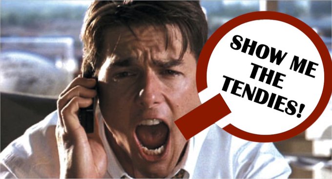 A meme of Tom Cruise shouting into a phone with a speech bubble reading 'SHOW ME THE TENDIES!'.