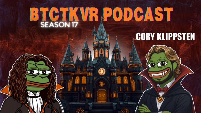 Promotional artwork for "BTCTKVR Podcast Season 17" featuring host Cory Klippsten as a vampire Pepe character alongside another Pepe character, set against a gothic castle background with a Bitcoin logo.