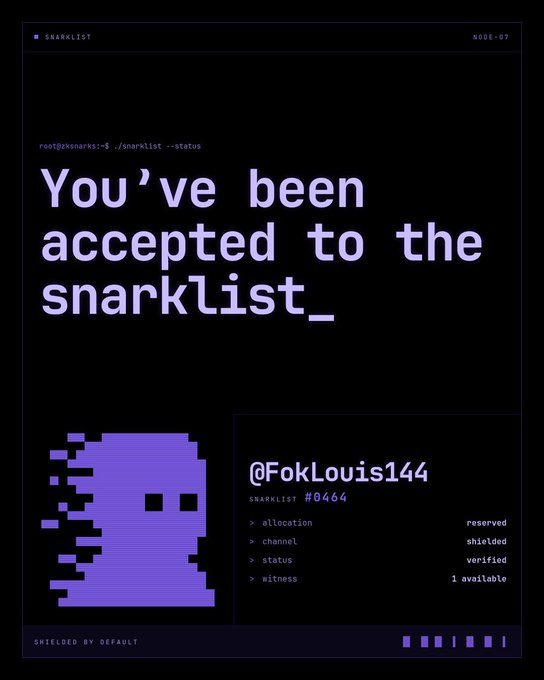 A digital poster with purple text reading 'You've been accepted to the snarklist_' and 'SNARKLIST MODE-07' displayed above a pixelated ghost graphic and the handle '@FokLouis144 SNARKLIST #0464' with status details like 'allocation reserved' and 'channel shielded.'