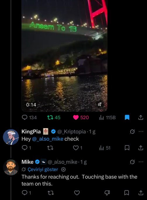 The image shows a nighttime video still of a bridge over water with "Ansem To 1B" projected in green light, along with engagement stats (134 comments, 45 reposts, 520 likes, 115K views). Below, KingPia tags @_also_mike who replies "Thanks for reaching out," illustrating the viral ANSEM projection on the Istanbul bridge that the post claims hit 110K+ views.