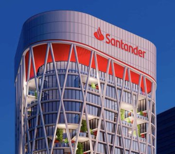 This image shows the Santander logo atop a modern building, visually representing the "LARGEST BANK IN SPAIN BANCO SANTANDER" mentioned in the accompanying post. The post claims Santander has just purchased $12,000,000 worth of #BITCOIN.