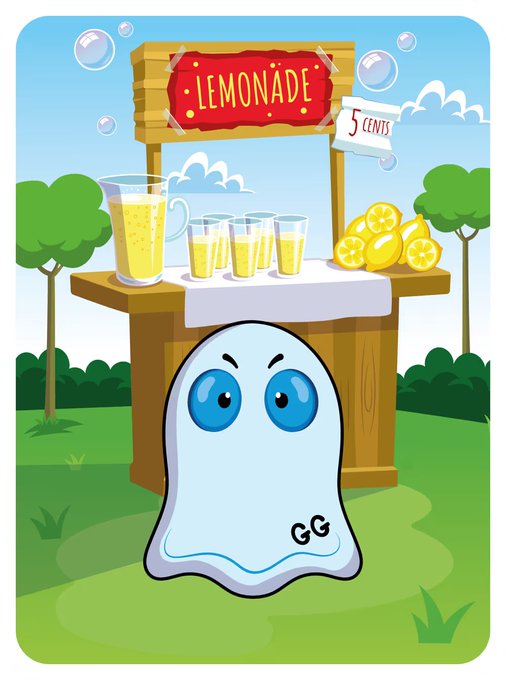 A cartoon illustration of a cute ghost character standing in front of a wooden lemonade stand priced at '5 CENTS', complete with a pitcher of lemonade, filled glasses, and fresh lemons.