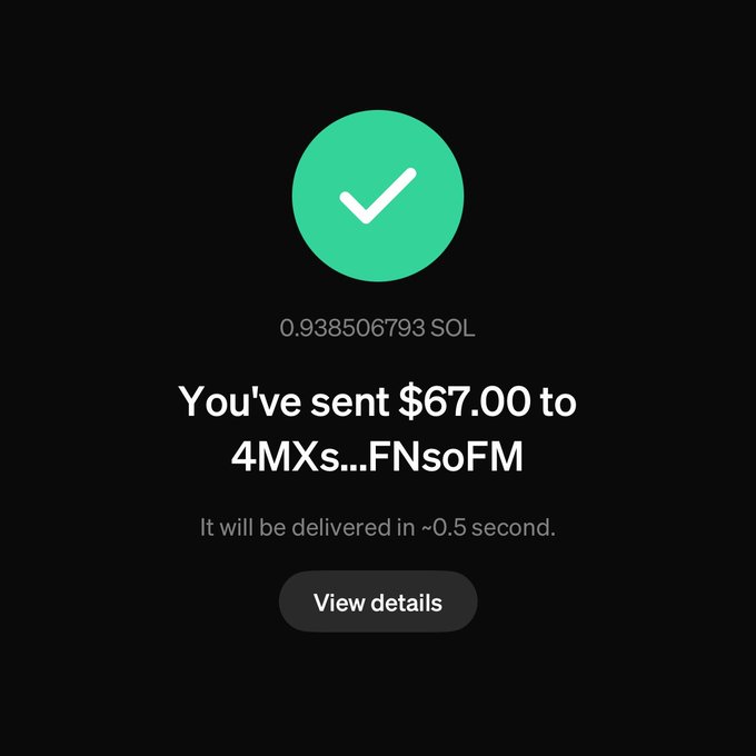 A confirmation screen showing a successful Solana transfer of 0.938506793 SOL (~$67.00) to the wallet address 4MXs...FNsoFM, with delivery expected in ~0.5 seconds. The image visually supports the post by confirming the tip of Solana sent to "Shiela."