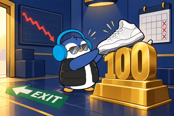 A cartoon illustration of a penguin wearing sunglasses, headphones, and a black vest, holding up a white sneaker next to a gold '100' trophy, with a descending stock chart and an 'EXIT' arrow visible in the background.