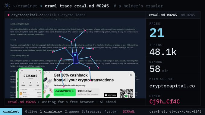 A terminal interface showing 'crawlnet' crawling 'crawl.md #0245' on 'cryptocapital.co/celsius-crypto-loans', displaying stats: 21 pages, 48.1k tokens, 58 min window, and an ad for "Get 20% cashback from all your crypto-transactions".