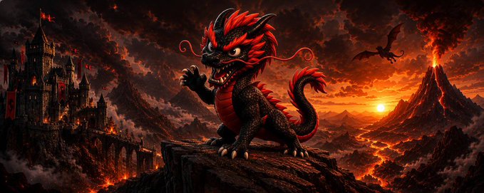 A fierce red and black dragon stands atop a rocky cliff in a fiery, volcanic landscape with a castle and lava-filled terrain in the background, under a dramatic sunset sky. The dramatic, mythical imagery evokes excitement and grandeur, fitting the bold tone of the $250 USDT giveaway promotion.