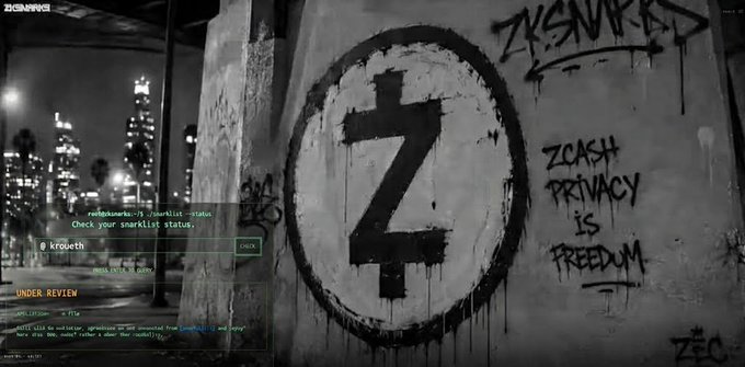 A black and white image showing graffiti of a Zcash (ZEC) logo symbol and the text "ZCASH PRIVACY IS FREEDOM" painted on a concrete pillar, alongside a green text overlay about "snarklist status" with a "krogeth" username.