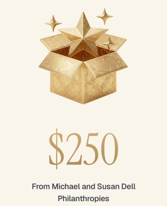 A golden gift box adorned with stars bursts open to reveal a "$250" donation "From Michael and Susan Dell Philanthropies," promoting Trump's new Trump Accounts for children available at trumpaccounts.gov. The image visually represents the seed contribution families can claim for their children's future investment accounts.