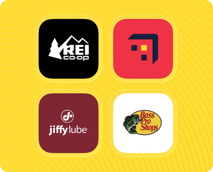 A yellow-themed graphic showing four app-style icons: REI Co-op (black), a red store icon, Jiffy Lube (maroon), and Bass Pro Shops (white with fish logo).