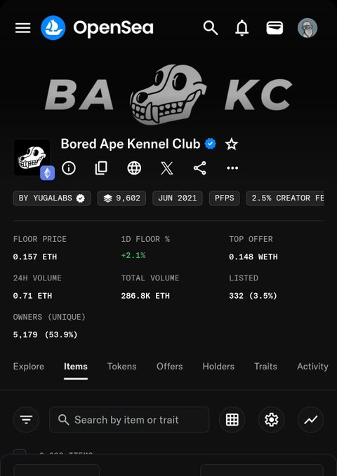 An OpenSea mobile app screenshot displaying the Bored Ape Kennel Club NFT collection page, showing a floor price of 0.157 ETH and 286.8K ETH total volume.