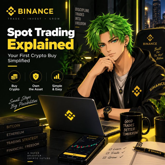 A Binance promotional graphic titled 'Spot Trading Explained' featuring a green-haired anime-style character at a laptop, with sections reading 'Buy Crypto', 'Own the Asset', 'Simple & Easy' and book titles 'BITCOIN', 'ETHEREUM', 'TRADING STRATEGY', 'FINANCIAL FREEDOM'.
